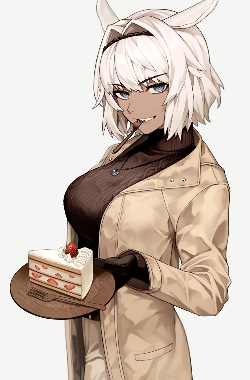 1girl alternate_costume animal_ears black_gloves black_sweater blue_eyes brown_jacket caenis_(fate) cake cake_slice commentary_request dark-skinned_female dark_skin fate/grand_order fate_(series) food fork gloves grey_background grin hair_intakes highres holding holding_plate jacket jewelry long_sleeves looking_at_viewer necklace open_clothes open_jacket plate short_hair simple_background smile solo sumi_(gfgf_045) sweater turtleneck turtleneck_sweater utensil_in_mouth white_hair