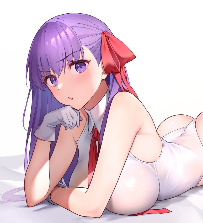 1girl bare_shoulders bb_(fate) bb_(swimsuit_mooncancer)_(third_ascension)_(fate) blush breasts coat fate/grand_order fate_(series) gloves highleg highleg_leotard highres large_breasts leotard long_hair looking_at_viewer lying neck_ribbon open_clothes open_coat purple_hair red_ribbon ribbon sano_jinya simple_background solo white_background white_gloves