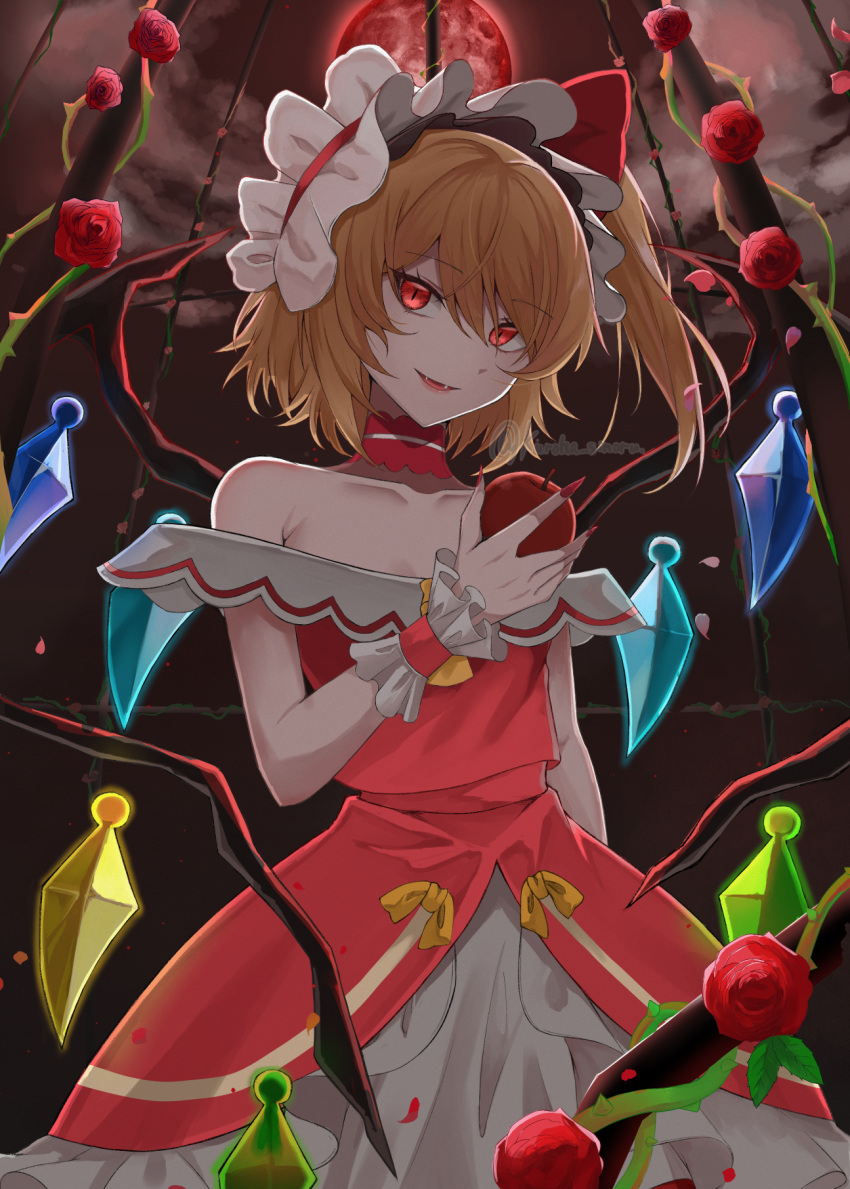 1girl adapted_costume alternate_costume apple bare_shoulders birdcage blonde_hair cage choker collarbone commentary_request cowboy_shot crystal dress eyelashes fangs fingernails flandre_scarlet flower food frilled_cuffs frilled_hairband frills fruit full_moon hair_between_eyes hairband highres holding holding_food holding_fruit kuro_wa_shinoru long_fingernails looking_at_viewer moon night open_mouth outdoors plant red_apple red_choker red_dress red_eyes red_flower red_hairband red_moon red_nails red_rose rose sharp_fingernails short_hair side_ponytail slit_pupils smile solo standing thorns touhou touhou_gensou_eclipse tsurime vines white_hairband wings