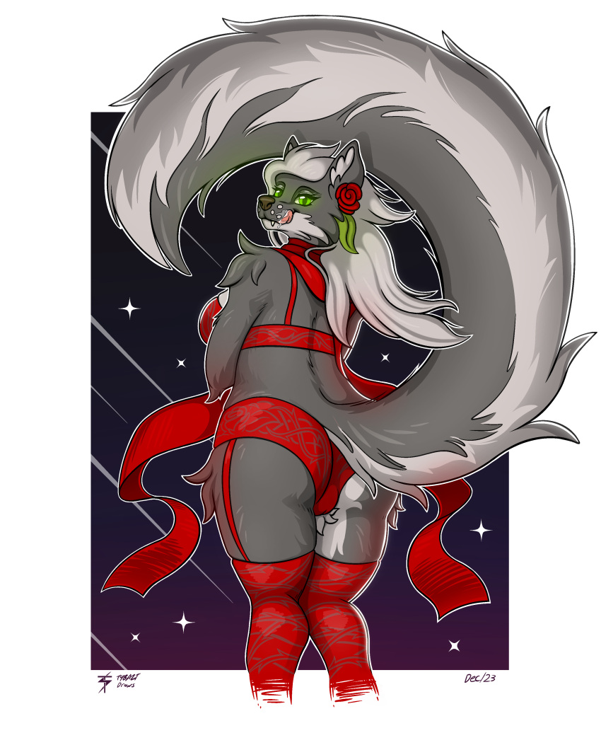 2023 absurd_res anthro butt canid canine canis clothing female fluffy fluffy_tail fur glowing glowing_eyes green_eyes grey_body grey_fur hi_res legwear licking licking_lips lingerie looking_at_viewer mammal scarf simple_background solo stockings tail tongue tongue_out tybalt_draws vulpa_(tybalt_draws) wolf