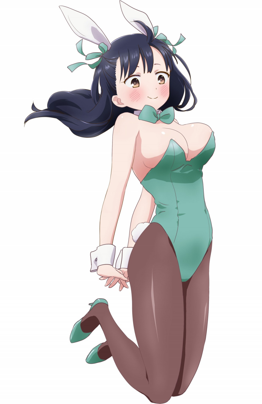 1girl alternate_costume animal_ears black_hair boku_no_kokoro_no_yabai_yatsu bouncing_breasts bow bowtie breasts brown_eyes brown_pantyhose closed_mouth detached_collar fake_animal_ears fake_tail full_body green_bow green_bowtie green_footwear green_leotard green_ribbon hair_ribbon high_heels highleg highleg_leotard highres jumping komatsu_(sakanae) large_breasts leotard midair pantyhose playboy_bunny rabbit_ears rabbit_tail ribbon simple_background smile solo tail white_background wrist_cuffs yamada_anna