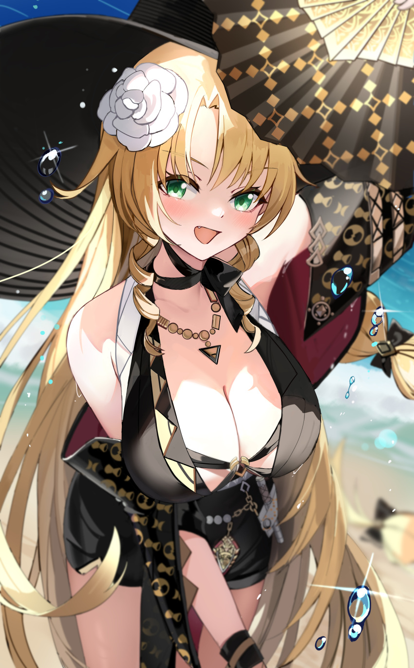 1girl absurdres arknights arm_up bare_shoulders beach black_dress black_headwear blonde_hair blush breasts cleavage cowboy_shot day dress drill_hair drill_sidelocks fang flower folding_fan green_eyes hair_flower hair_ornament hand_fan highres holding holding_fan jewelry large_breasts leaning_forward long_hair looking_at_viewer necklace official_alternate_costume open_mouth outdoors pomegranate_nana sidelocks solo swire_(arknights) swire_the_elegant_wit_(arknights) very_long_hair water_drop white_flower