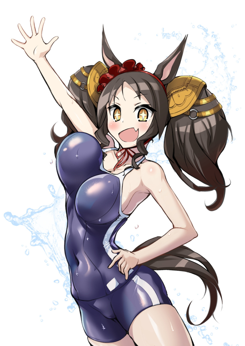+_+ 1girl :d aegis_(nerocc) animal_ears blue_archive blue_one-piece_swimsuit blush blush_stickers bouncing_breasts bow_hairband breasts brown_hair choker competition_school_swimsuit covered_navel cowboy_shot fangs hairband hand_up headgear highres horse_ears horse_girl horse_tail large_breasts looking_at_viewer marvelous_sunday_(umamusume) one-piece_swimsuit open_mouth red_choker red_hairband red_ribbon ribbon ribbon_choker school_swimsuit shortstack single_vertical_stripe skin_fangs smile solo swimsuit tail tail_through_clothes tracen_swimsuit umamusume unaligned_breasts waving yellow_eyes