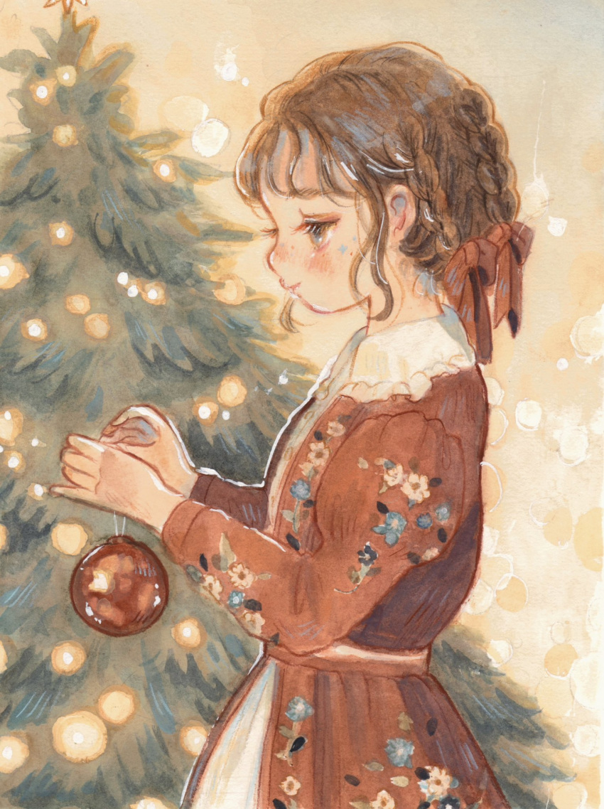 1girl braid brown_eyes brown_hair carrie_(carriedraw) christmas christmas_ornaments christmas_tree closed_mouth commentary cowboy_shot decorating dress english_commentary floral_print from_side hair_ribbon highres long_sleeves original painting_(medium) profile red_dress red_ribbon ribbon sidelocks solo standing traditional_media watercolor_(medium) yellow_background