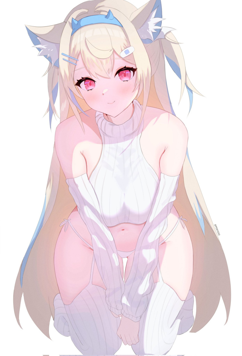 1girl animal animal_ear_fluff animal_ears bandaid bandaid_hair_ornament blonde_hair blue_hair blue_headband breasts detached_sleeves dog_ears dog_girl dog_tail fuwawa_abyssgard grey_garter_straps grey_panties grey_sleeves grey_thighhighs hair_ornament hairclip hairpin headband highres hololive hololive_english large_breasts long_hair looking_at_viewer multicolored_hair panties pink_eyes pokyo smile solo streaked_hair tail thighhighs underwear virgin_destroyer_sweater virtual_youtuber