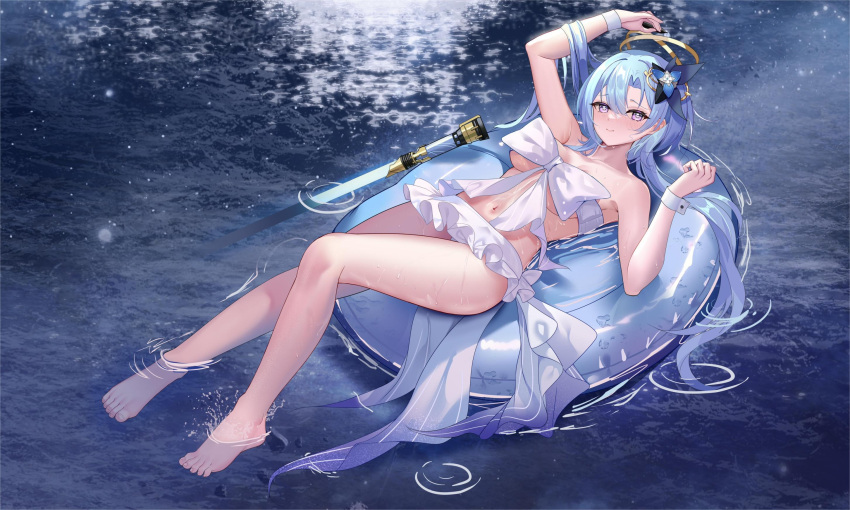 1girl barefoot blue_eyes blue_hair breasts energy_sword feet griseo griseo_(cosmic_expression) hair_ornament highres honkai_(series) honkai_impact_3rd knee_up legs lightsaber long_hair lying medium_breasts on_back skirt swimming_floater swimsuit sword toes water water_balloon weapon zhongwu_chahui