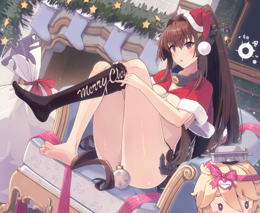 1girl ass barefoot black_panties blonde_hair blush brown_hair capelet character_doll chibi chimney commentary_request couch dress dressing feet fur-trimmed_capelet fur-trimmed_dress fur_trim hair_between_eyes hair_ornament hat headgear highres himeyamato iowa_(kancolle) kantai_collection knee_up legs long_hair long_sleeves looking_at_viewer merry_christmas no_shoes on_chair on_couch open_mouth panties pom_pom_(clothes) ponytail red_capelet red_dress red_eyes red_headwear sack santa_dress santa_hat soles solo toes underwear very_long_hair yamato_(kancolle)