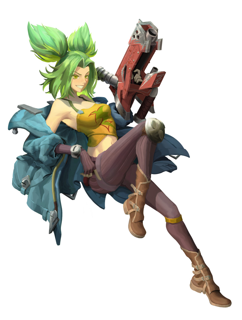 absurdres blue_jacket bolt brown_footwear brown_gloves brown_pants fingerless_gloves gloves green_eyes green_hair gun highres holding holding_gun holding_weapon jacket league_of_legends lightning_bolt_symbol midriff open_clothes open_jacket pants parted_bangs tank_top twintails weapon white_background xinyi2266 yellow_tank_top zeri_(league_of_legends)