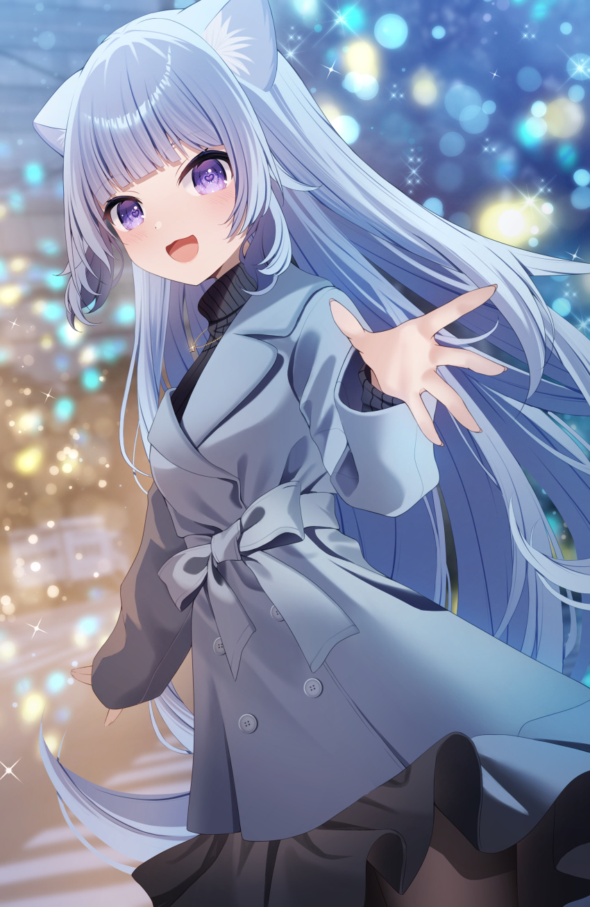 1girl :d absurdres animal_ear_fluff animal_ears black_sweater blue_coat blue_hair blurry blurry_background christmas coat commentary_request depth_of_field frilled_coat frills hand_up heart heart-shaped_pupils highres long_hair long_sleeves original purple_eyes ribbed_sweater sapphire_(sapphire25252) smile solo sweater symbol-shaped_pupils turtleneck turtleneck_sweater very_long_hair
