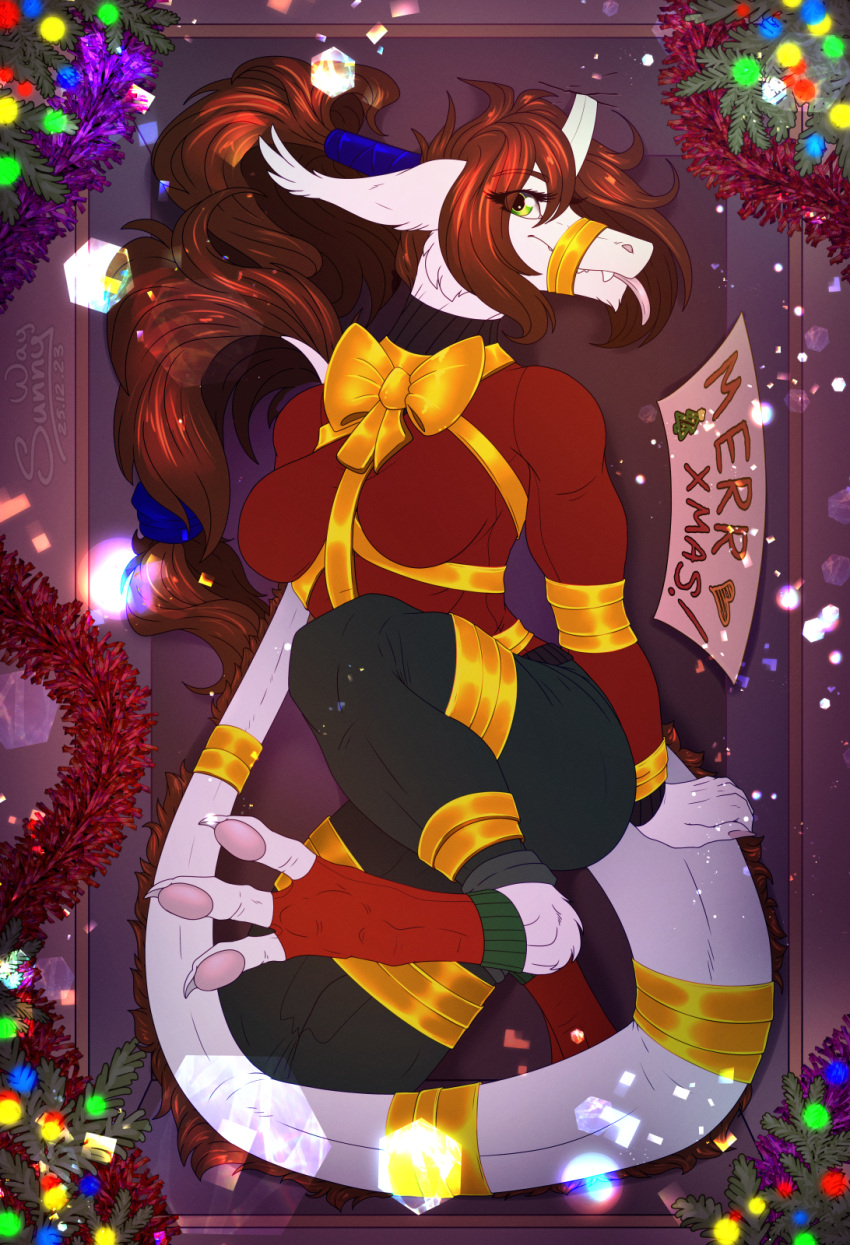 anthro bdsm beans_(disambiguation) blep bondage bound box christmas christmas_light christmas_tree container cutesmile digital_media_(artwork) equis_universe female fluffy fur gift hi_res holidays invalid_tag ki'rinaes kirinaes light merr_xmas merry_christmas paws plant ribbons shasehra_gaelehrion solo sunny_way tongue tongue_out tree