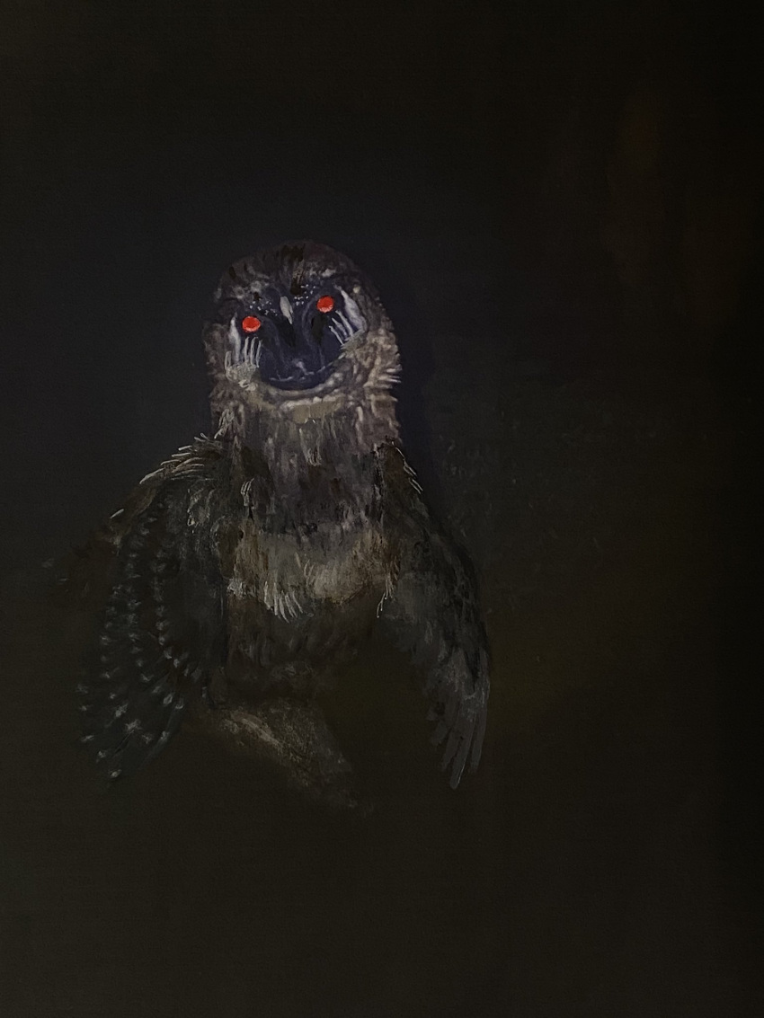3:4 ambiguous_gender analog_horror archesuchus camera_flash claws darkness dinosaur dromaeosaurid feathered_dinosaur feathers feral flashlight glowing glowing_eyes hi_res horror_(theme) looking_at_viewer nightmare_fuel photo red_eyes reptile scalie solo theropod troodontid weird_birds_(series)