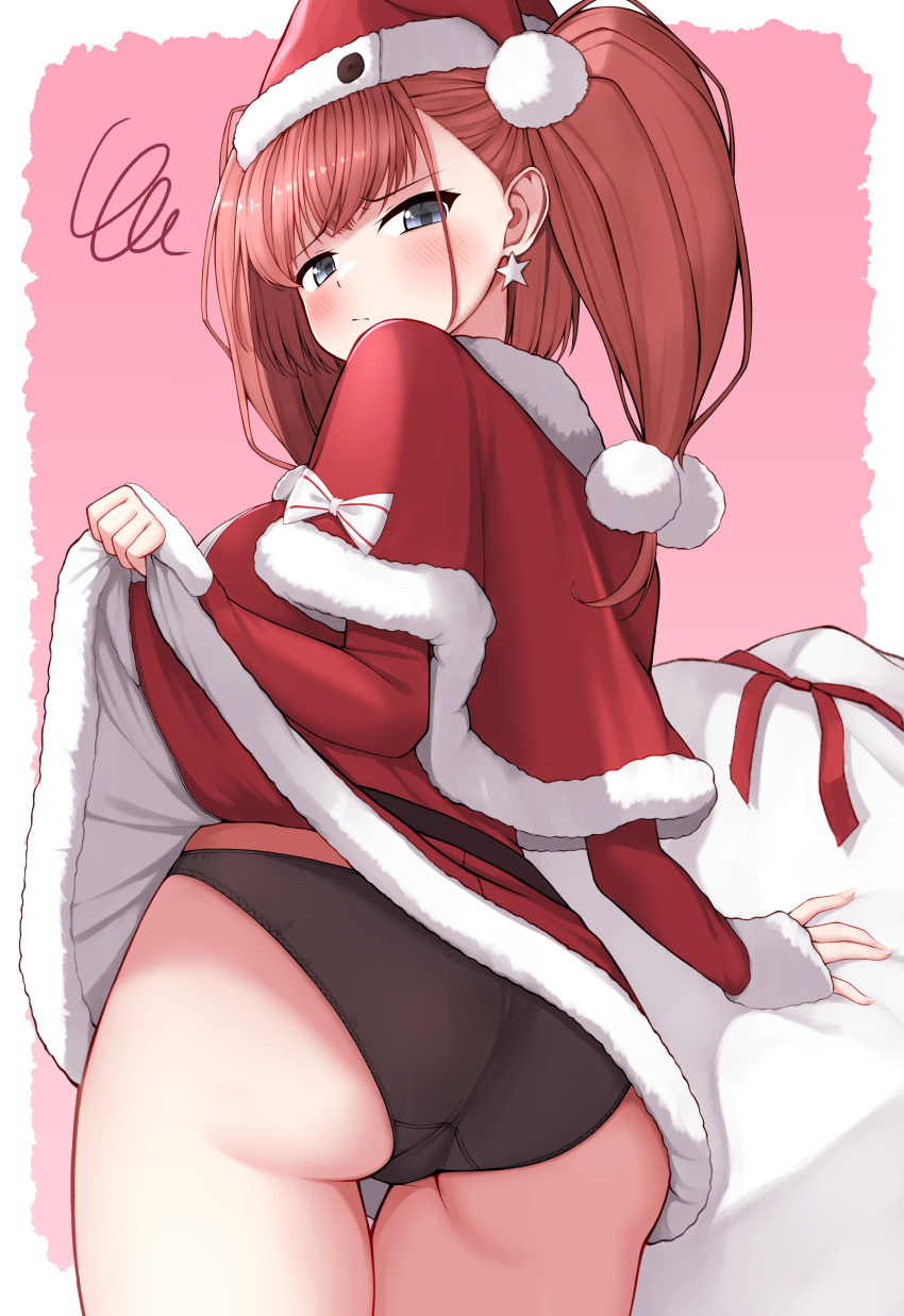 1girl absurdres annoyed atlanta_(kancolle) black_panties blush christmas clothes_lift dress earrings from_behind grey_eyes hat highres jewelry kantai_collection panties red_dress red_hair sack santa_costume santa_hat skirt skirt_lift solo tiemu_(man190) twintails underwear