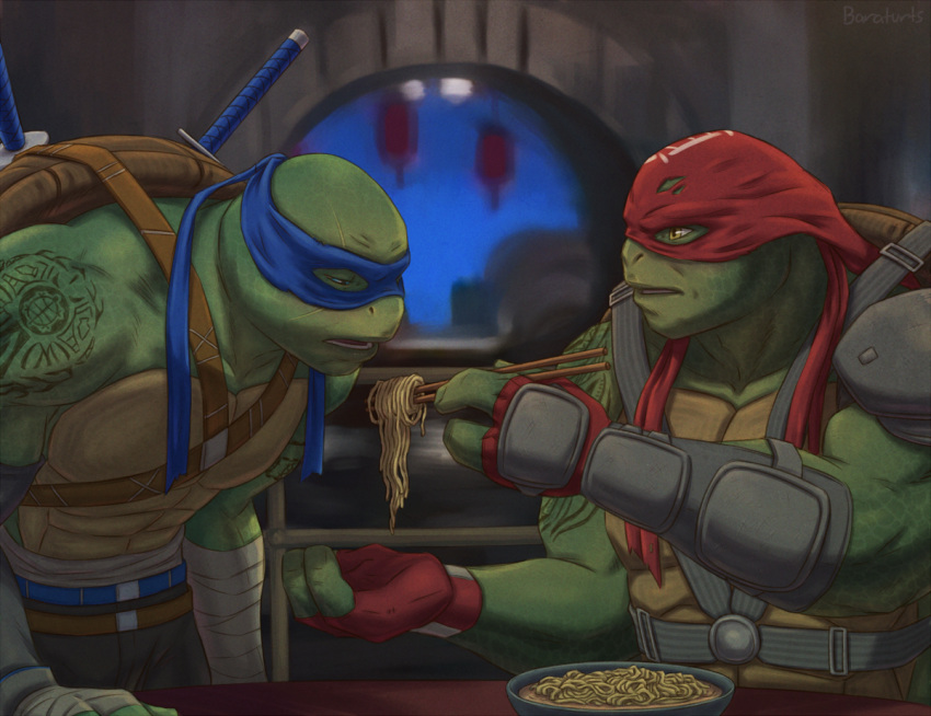 anthro baraturts biceps duo food green_body leonardo_(tmnt) male muscular muscular_anthro muscular_male noodles raphael_(tmnt) reptile scales scalie shell tattoo teenage_mutant_ninja_turtles teenage_mutant_ninja_turtles_(2014) turtle turtle_shell