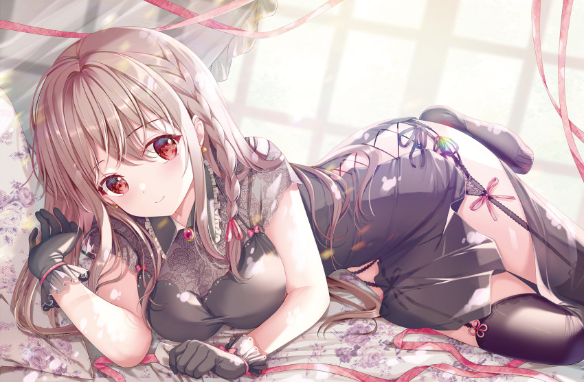 1girl black_dress black_gloves black_thighhighs blurry blurry_background braid breasts brown_hair closed_mouth commentary_request depth_of_field dress garter_straps gloves hair_between_eyes hand_up highres indoors long_hair looking_at_viewer lying maeda_shiori medium_breasts no_shoes on_side red_eyes short_sleeves smile solo sousouman thighhighs twinbox_school very_long_hair window