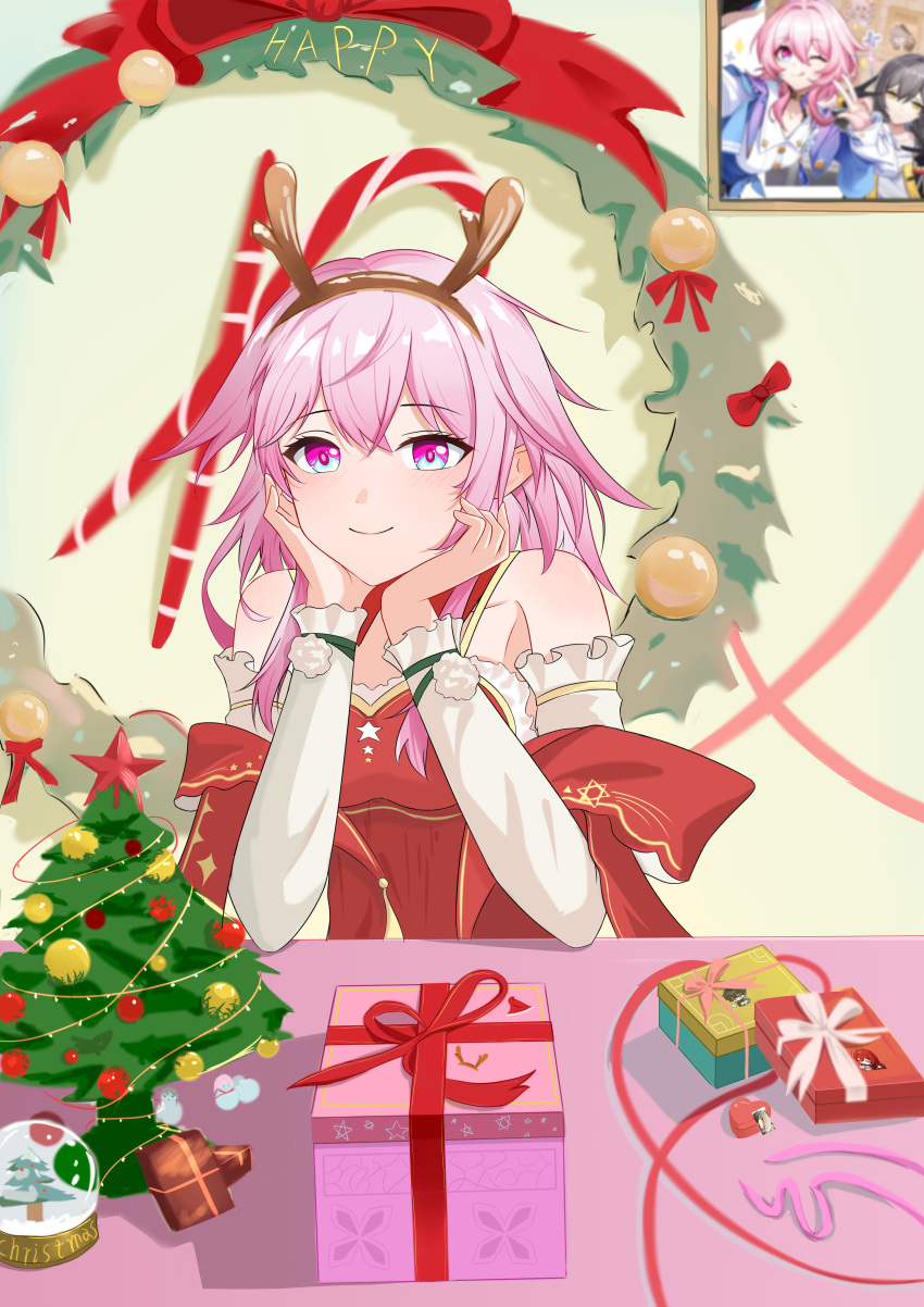 1girl absurdres blue_eyes brown_hairband christmas_tree commentary_request dan_heng_(honkai:_star_rail) detached_sleeves dress fake_antlers hairband hands_up highres himeko_(honkai:_star_rail) honkai:_star_rail honkai_(series) indoors long_sleeves looking_at_viewer march_7th_(honkai:_star_rail) medium_hair pink_eyes pink_hair red_dress smile snow_globe solo stelle_(honkai:_star_rail) trailblazer_(honkai:_star_rail) two-tone_eyes upper_body xun.com