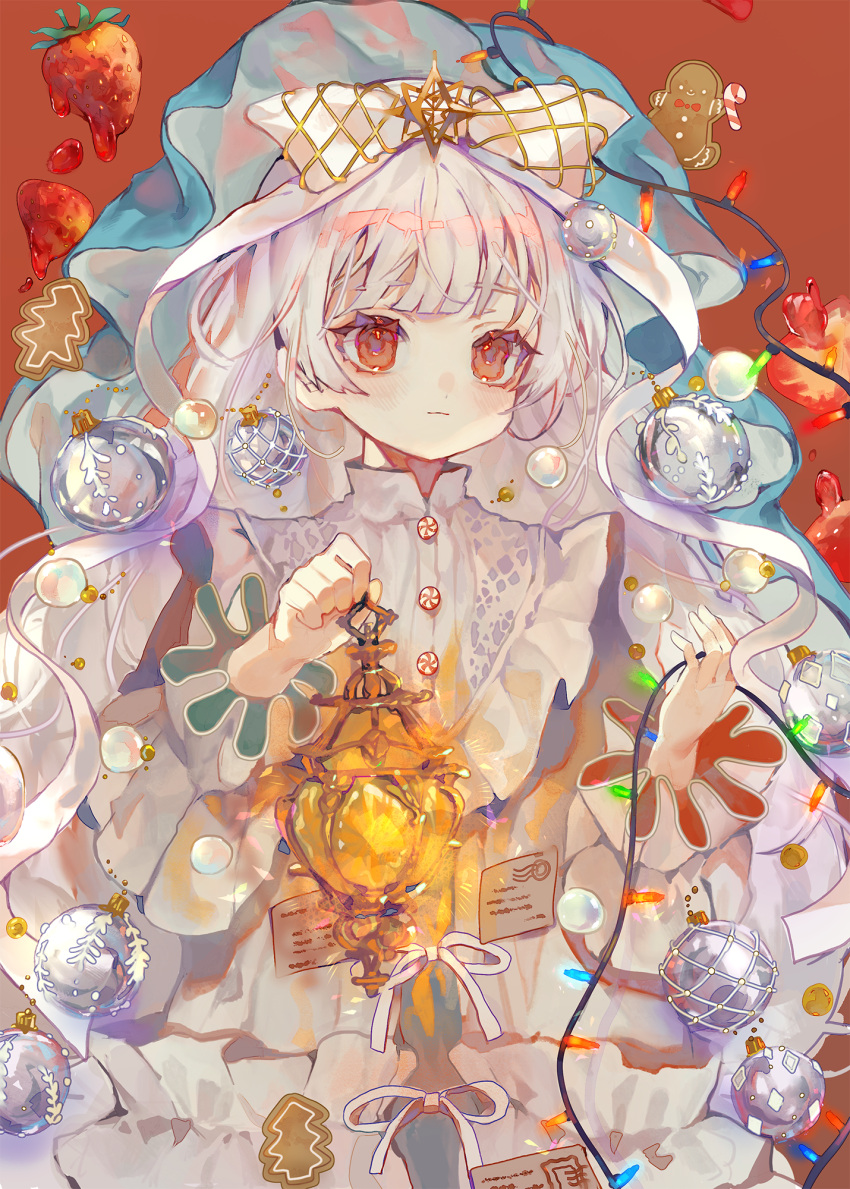 1girl brown_background brown_eyes cha_goma christmas christmas_ornaments closed_mouth commentary_request dress food fruit gingerbread_man hands_up highres holding holding_lantern lantern long_hair long_sleeves looking_at_viewer original simple_background smile solo strawberry very_long_hair white_dress white_hair