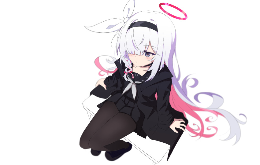 1girl absurdres black_choker black_coat black_hairband black_serafuku black_skirt blue_archive blush choker closed_mouth coat colored_inner_hair from_above grey_eyes hair_over_one_eye hairband halo highres kiroshi long_hair multicolored_hair neckerchief open_clothes open_coat pink_hair plana_(blue_archive) pleated_skirt red_halo school_uniform serafuku simple_background skirt solo white_background white_hair white_neckerchief