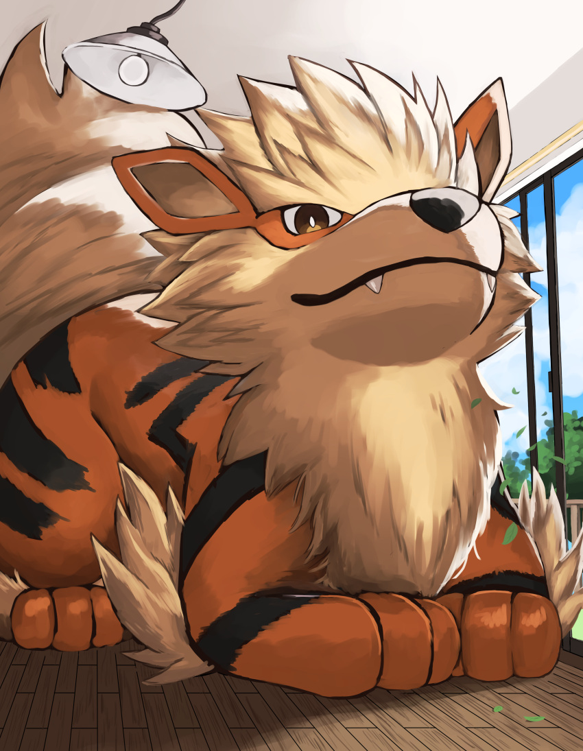 absurdres animal_focus arcanine black_eyes blue_sky ceiling_light closed_mouth cloud commentary_request fangs glass_door highres indoors jira_(ziraiya26) looking_at_viewer mane no_humans orange_fur pokemon pokemon_(creature) sky snout