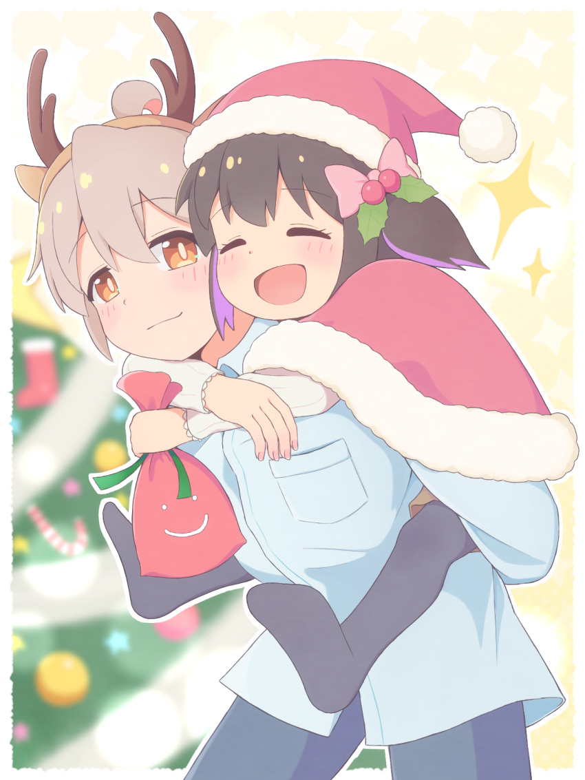 1boy 1girl ahoge antlers bag black_hair bow brother_and_sister capelet christmas christmas_tree closed_eyes fake_antlers hair_bow highres k-d long_sleeves looking_at_another onii-chan_wa_oshimai! open_mouth orange_eyes oyama_mahiro oyama_mahiro_(male) oyama_mihari pantyhose pink_hair reindeer_antlers santa_costume siblings