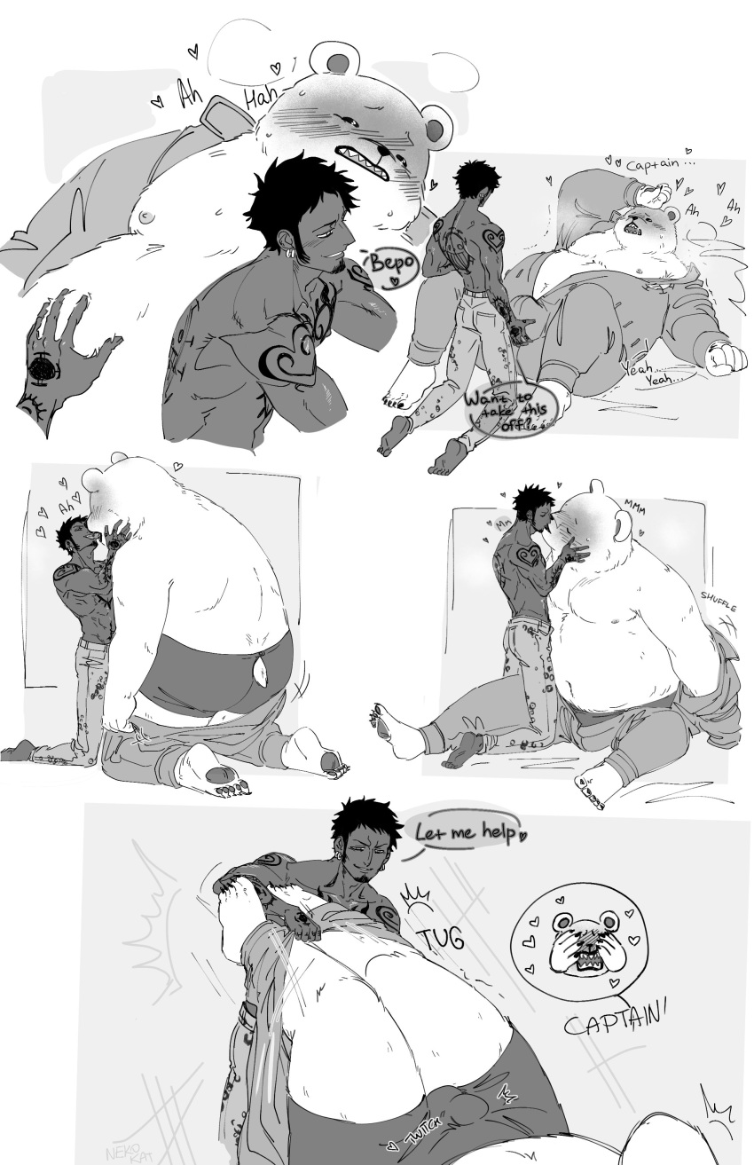 2023 absurd_res anthro bear belly bepo_(one_piece) blush bottomwear bulge butt clothing duo english_text genital_outline grope hi_res human human_on_anthro interspecies kissing male male/male mammal minkmen_(one_piece) moobs nekokat42 nipples one_piece overweight overweight_male pants penis_outline polar_bear text trafalgar_law underwear undressing ursine