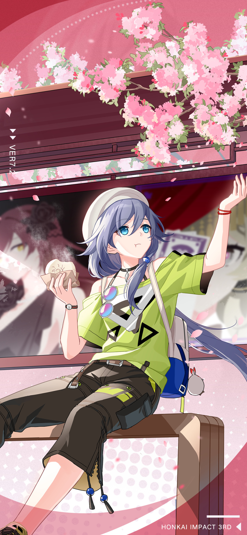 beret black_choker blue_eyes bracelet branch breasts chinese_commentary choker collarbone eating eden_(honkai_impact) food foot_out_of_frame fu_hua fu_hua_(night_squire) glasses green_shirt grey_hair hair_between_eyes hat highres honkai_(series) honkai_impact_3rd jewelry jingwei_(bird) looking_up official_alternate_costume official_art official_wallpaper shirt sitting small_breasts vill-v watch white_headwear wristwatch