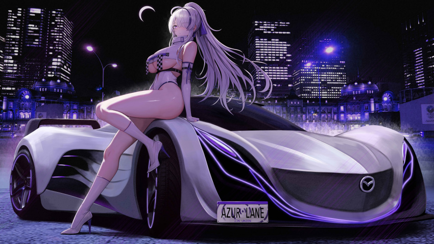 1girl absurdres ahoge alternate_costume arm_support azur_lane bare_shoulders breasts building car cityscape commentary elbow_gloves full_body gloves hair_between_eyes hair_over_one_eye high_heels highres kcar66t kneehighs large_breasts leotard location_request long_hair looking_at_viewer mazda mazda_furai motor_vehicle multicolored_hair night outdoors parted_lips purple_eyes purple_hair race_queen shadow sidelocks sitting sitting_on_car skindentation skyscraper socks solo sports_car streaked_hair underboob unzen_(azur_lane) very_long_hair white_footwear white_gloves white_hair white_leotard white_socks
