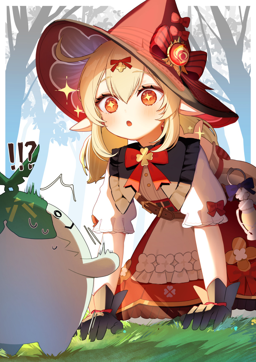 1girl :o ^^^ all_fours aranara_(genshin_impact) black_gloves blonde_hair blush bow bowtie chiroron clover_brooch clover_ornament cowlick dress dress_bow forest genshin_impact glove_bow gloves hair_between_eyes hair_ribbon hat highres kerosene_lamp klee_(blossoming_starlight)_(genshin_impact) klee_(genshin_impact) looking_at_another low_twintails medium_hair nature o_o official_alternate_costume on_grass open_mouth outdoors pointy_ears red_bow red_bowtie red_dress red_eyes red_headwear ribbon shirt short_sleeves simple_background sparkle sparkling_eyes surprised sweatdrop twintails vision_(genshin_impact) white_shirt witch_hat