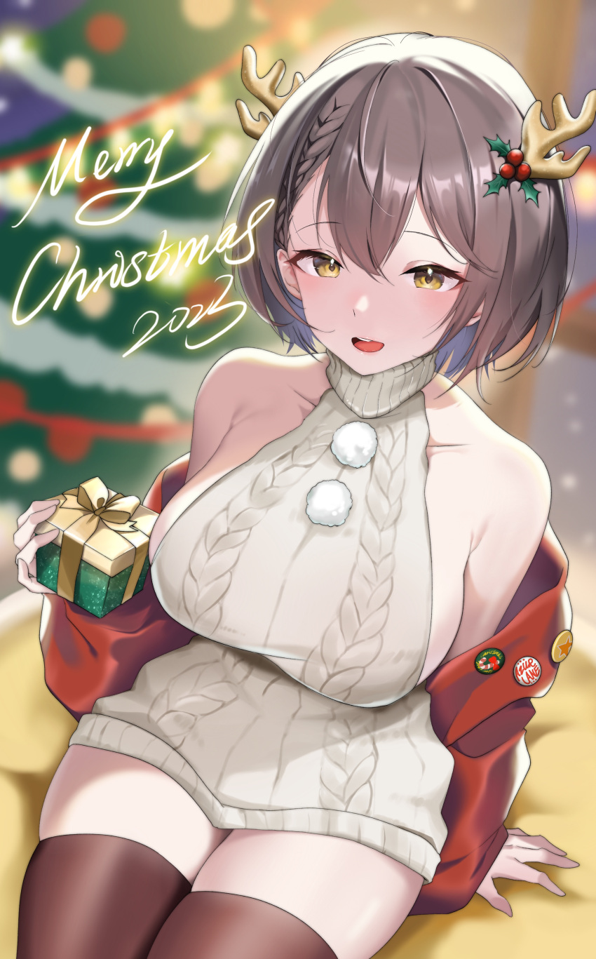 1girl :d absurdres alternate_costume arm_support azur_lane baltimore_(azur_lane) bare_shoulders black_thighhighs box braid breasts brown_hair christmas christmas_present christmas_tree collarbone commentary cowboy_shot dress fake_antlers french_braid gift gift_box grey_sweater hair_between_eyes hair_ornament highres holding holding_gift holly_hair_ornament jacket large_breasts looking_at_viewer merry_christmas off_shoulder open_mouth oxygen_mask_(oxygenmask233) red_jacket short_hair sideboob sidelocks sitting skindentation smile solo sweater sweater_dress teeth thighhighs upper_teeth_only yellow_eyes zettai_ryouiki