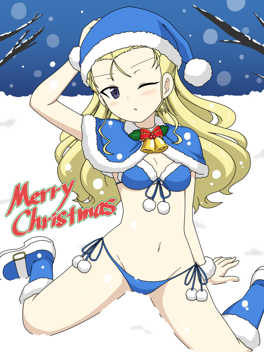 1girl :o assam_(girls_und_panzer) bare_tree bell bikini blonde_hair blue_bikini blue_capelet blue_eyes blue_footwear blue_headwear blurry bokeh boots breasts capelet christmas commentary day depth_of_field english_text front-tie_bikini_top front-tie_top fur-trimmed_capelet fur_cuffs fur_trim girls_und_panzer girls_und_panzer_senshadou_daisakusen! groin hair_pulled_back hand_on_another's_head hat highres holly ichinose_jun long_hair looking_at_viewer merry_christmas neck_bell night night_sky official_alternate_costume one_eye_closed outdoors parted_lips santa_bikini santa_boots santa_hat side-tie_bikini_bottom sitting sky small_breasts snowing solo swimsuit tree wariza
