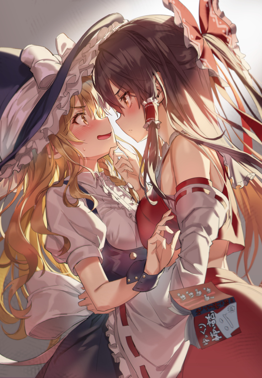 2girls absurdres apron asymmetrical_docking bare_shoulders black_headwear black_skirt blonde_hair blush book bow breast_press breasts brown_eyes brown_hair closed_mouth commentary_request cowboy_shot detached_sleeves eye_contact frilled_apron frills hair_bow hair_tubes hakurei_reimu hand_on_another's_chin hat hat_bow highres kirisame_marisa long_hair long_sleeves looking_at_another medium_breasts michairu midriff_peek multiple_girls open_mouth ponytail puffy_short_sleeves puffy_sleeves red_bow red_ribbon red_skirt ribbon ribbon-trimmed_sleeves ribbon_trim shirt short_sleeves sidelocks skirt small_breasts touhou v-shaped_eyebrows white_apron white_bow white_shirt wide_sleeves witch_hat wrist_cuffs yellow_eyes yuri