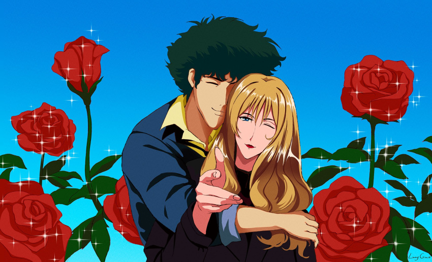 blue_eyes closed_eyes couple cowboy_bebop green_hair highres hug julia julia_(cowboy_bebop) lucyguusi one_eye_closed shirt spike_spiegel white_shirt