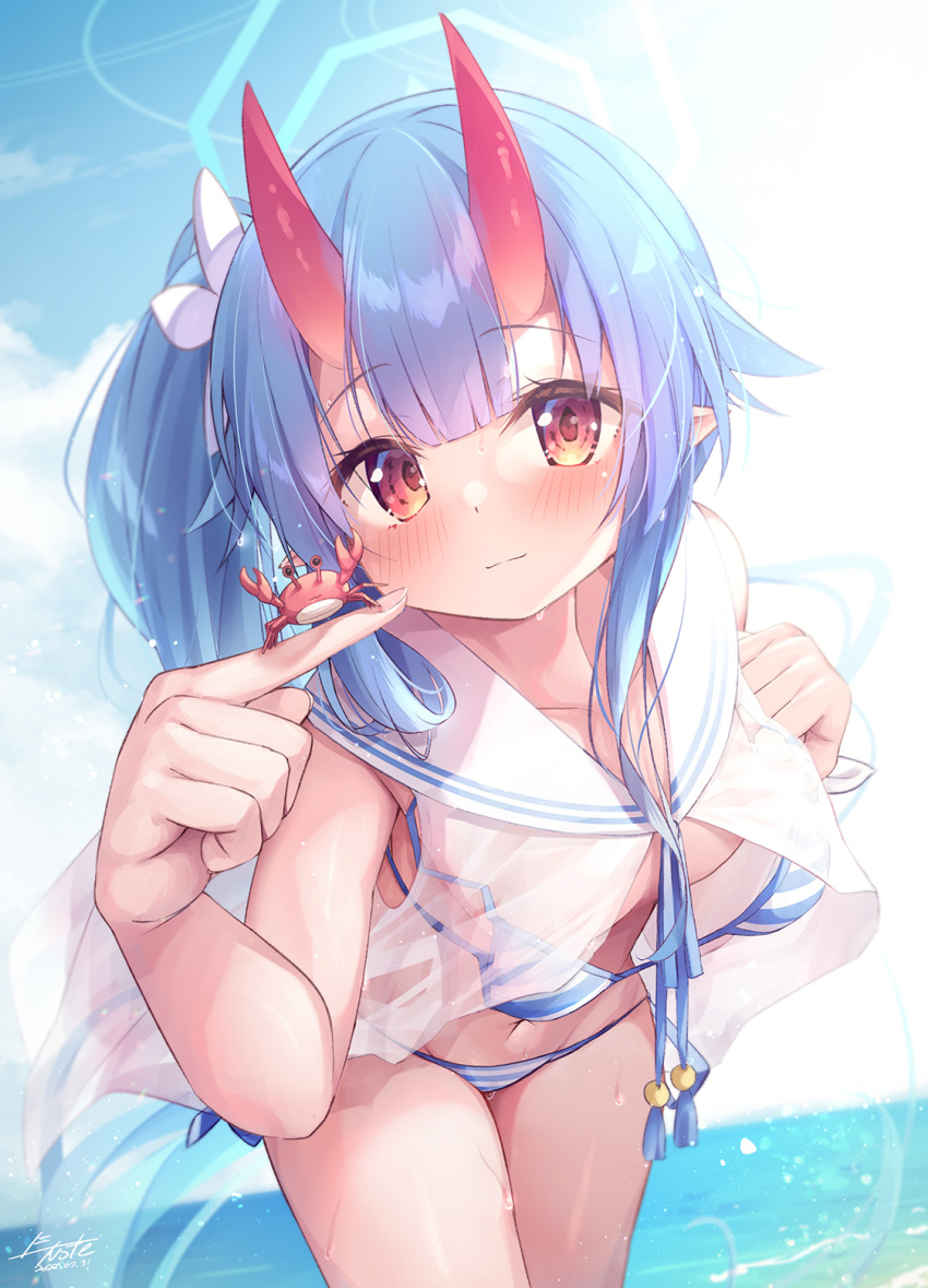 1girl :o beach bikini blue_archive blue_bikini blue_hair blue_halo blush breasts chise_(blue_archive) chise_(swimsuit)_(blue_archive) collarbone crab e-note halo highres horns long_hair looking_at_viewer loose_bikini nose_blush official_alternate_costume oni oni_horns outdoors parted_lips pink_eyes ribbon sailor_bikini sailor_collar side_ponytail small_breasts solo squatting striped striped_bikini swimsuit thighs toes upper_body very_long_hair water white_ribbon white_sailor_collar wrist_ribbon