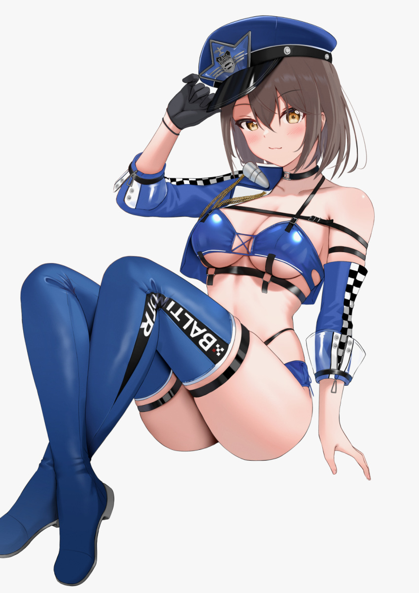 1girl arm_up azur_lane baltimore_(azur_lane) baltimore_(finish_line_flagbearer)_(azur_lane) bikini black_bikini black_choker black_gloves blue_bikini blue_footwear blue_headwear blue_jacket blue_shorts boots breasts brown_hair chest_harness choker cleavage closed_mouth collarbone commentary cropped_jacket crossed_legs detached_sleeves full_body gloves hair_between_eyes harness hat highleg highleg_bikini highres jacket large_breasts looking_at_viewer micro_shorts mismatched_bikini official_alternate_costume paid_reward_available peaked_cap race_queen short_hair shorts sidelocks simple_background single_bare_shoulder single_detached_sleeve single_glove sitting skindentation slping_tree_(ntme) smile solo stomach swimsuit thigh_boots white_background yellow_eyes