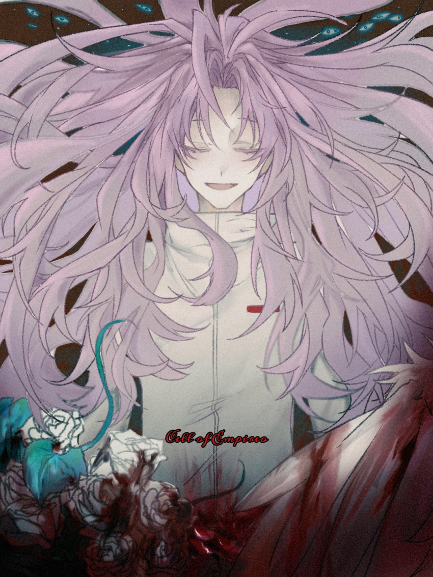 1boy antenna_hair blood blood_on_flower closed_eyes colored_eyelashes facing_viewer flower guro hatsutori_hajime highres intestines long_hair long_sleeves male_focus mao_ciyuan open_mouth pink_hair rose saibou_shinkyoku shirt smile solo spoilers white_flower white_rose white_shirt