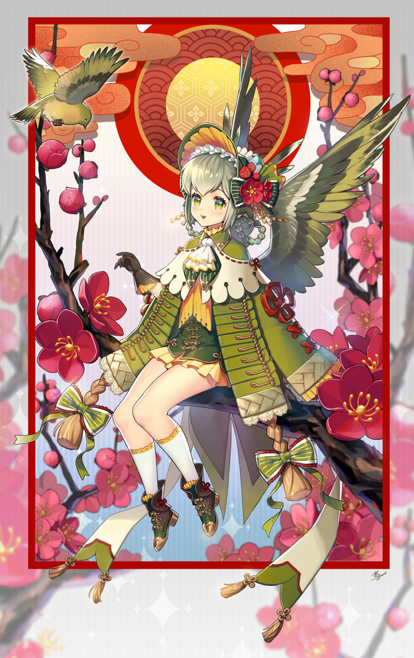 1girl anzumame bird bird_wings black_gloves blush bow feathered_wings flower frilled_headwear gloves green_eyes green_footwear green_hair hair_bow hair_flower hair_ornament highres in_tree original sitting sitting_in_tree solo thighhighs tree white_thighhighs wings