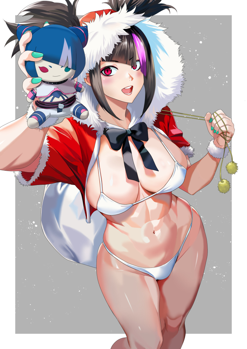 1girl abs absurdres aqua_nails asymmetrical_bangs bikini breasts capelet christmas fur-trimmed_capelet fur_trim han_juri highres holding holding_sack holding_stuffed_toy multicolored_hair muscular muscular_female open_mouth red_eyes sack smile solo street_fighter street_fighter_6 striped stuffed_toy swimsuit two-tone_hair white_bikini yagi_(joe731842)