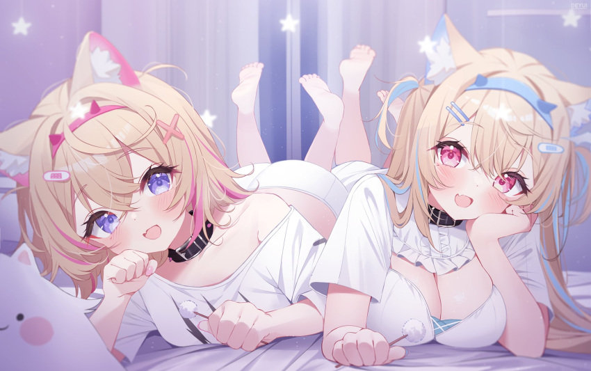2girls animal_ear_fluff animal_ears bandaid bandaid_hair_ornament black_collar blonde_hair blue_eyes blue_hair breasts center_frills cleavage cleavage_cutout clothing_cutout collar colored_inner_animal_ears commentary deyui dog_ears dog_girl dress english_commentary fake_horns fang frills fuwawa_abyssgard hair_between_eyes hair_ornament head_tilt highres holding hololive hololive_english horn_hairband horned_headwear horns large_breasts leg_up looking_at_viewer lying mimikaki mococo_abyssgard multicolored_hair multiple_girls on_stomach open_mouth perroccino_(fuwamoco) pink_hair shirt short_hair short_sleeves siblings single_bare_shoulder sisters skin_fang smile sparkle streaked_hair twins virtual_youtuber white_dress white_shirt x_hair_ornament