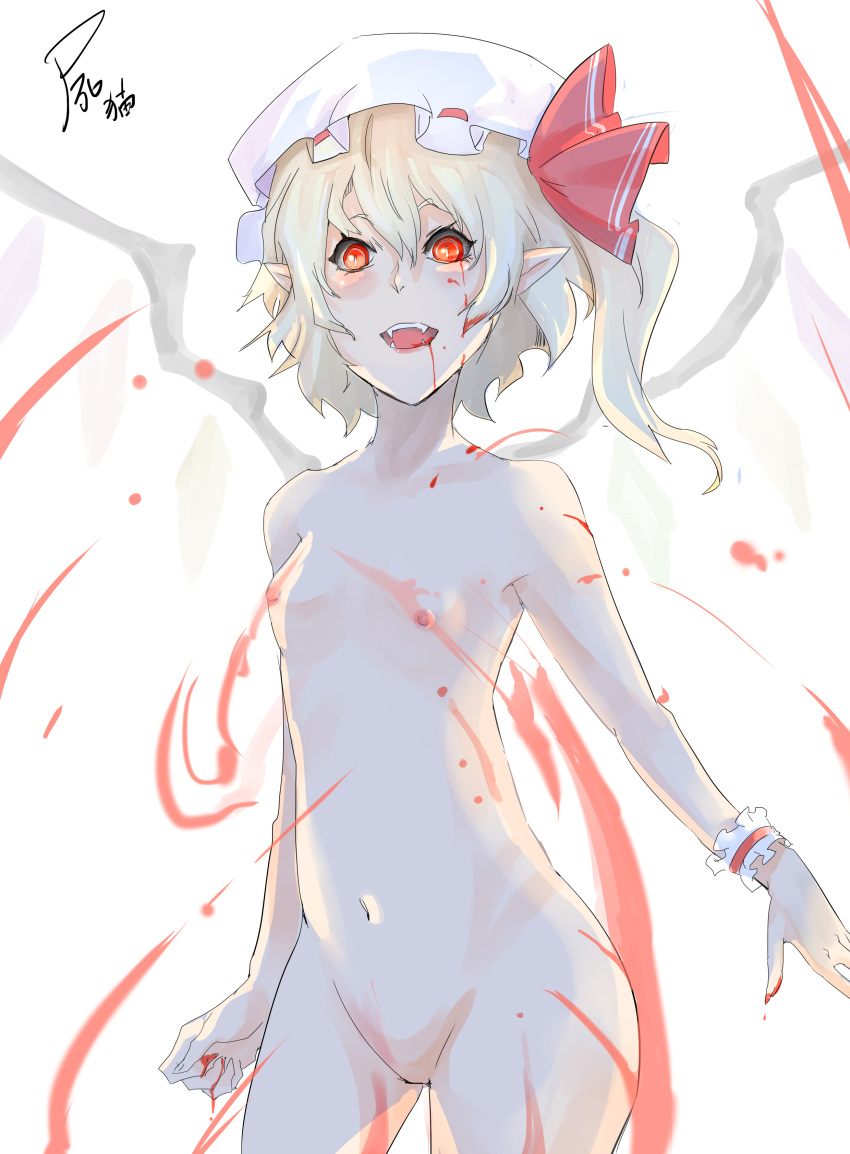 1girl absurdres backlighting blonde_hair blood blood_from_mouth blood_on_hands breasts completely_nude cowboy_shot fangs flandre_scarlet glowing glowing_eyes hat hat_ribbon highres kabaneneko medium_hair mob_cap nipples no_pussy nude one_side_up petite pointy_ears red_eyes red_ribbon ribbon ribbon-trimmed_headwear ribbon_trim simple_background small_breasts solo teeth touhou upper_teeth_only white_background white_headwear wings wrist_cuffs