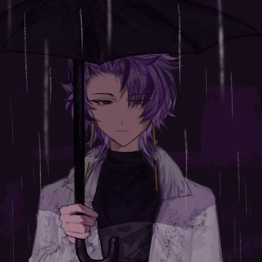 1boy :| absurdres black_sweater black_umbrella chinese_commentary closed_mouth commentary_request earrings highres holding holding_umbrella jacket jewelry long_sleeves looking_at_viewer male_focus open_clothes open_jacket purple_hair qiyuexialiang rain red_eyes saibou_shinkyoku short_hair solo sweater theodore_riddle turtleneck turtleneck_sweater umbrella white_jacket