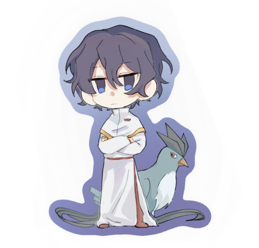 1boy absurdres articuno blue_eyes blue_hair capelet chibi closed_mouth crossed_arms crossover dark_blue_hair gold_trim highres long_sleeves male_focus pants pokemon pokemon_(creature) red_pants saibou_shinkyoku short_hair shuijiaohao simple_background utsugi_noriyuki white_background white_capelet