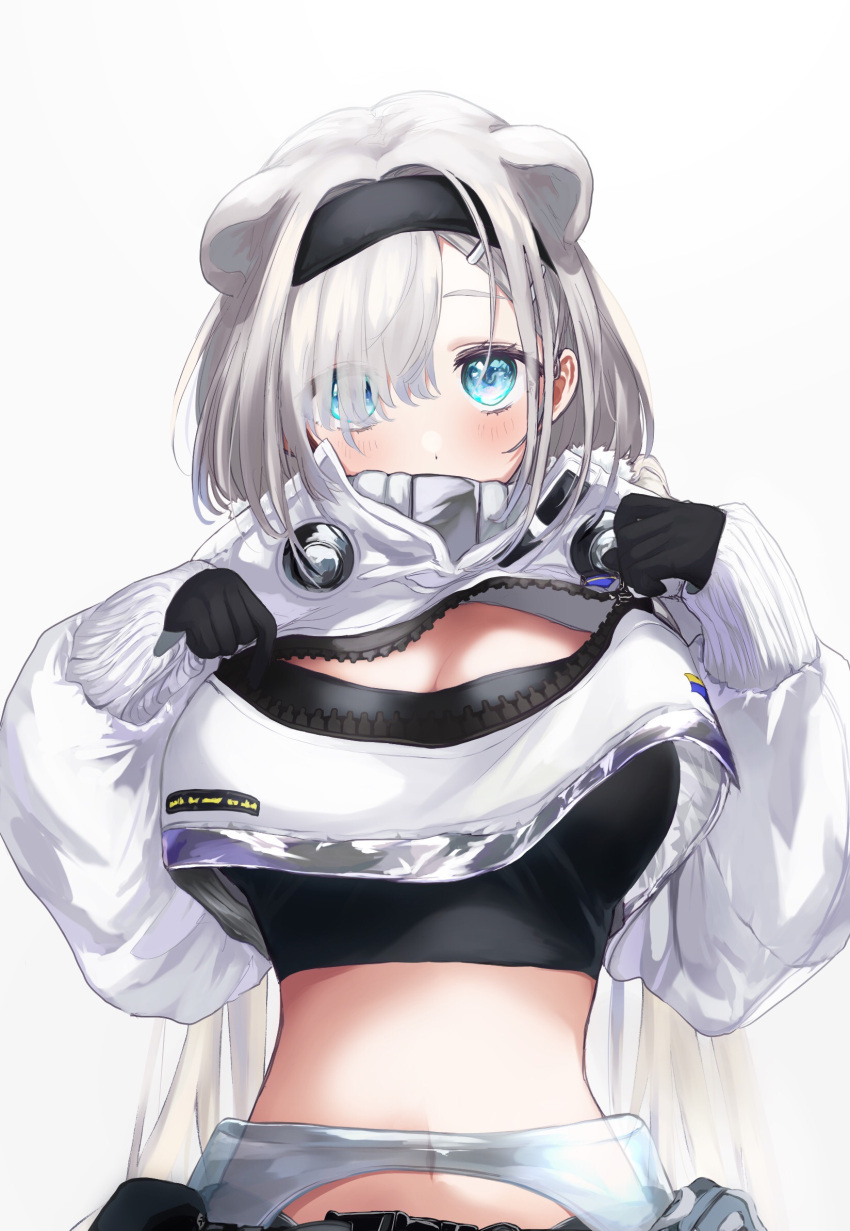 1girl animal_ears arknights aurora_(arknights) bear_ears black_gloves black_hairband black_sports_bra blue_eyes blush breasts cleavage_cutout clothing_cutout commentary cropped_jacket extra_ears gloves grey_hair hair_intakes hair_over_one_eye hairband highres jacket large_breasts long_sleeves looking_at_viewer midriff navel parted_bangs penpen_gin2 puffy_long_sleeves puffy_sleeves simple_background solo sports_bra unzipping upper_body white_background white_jacket