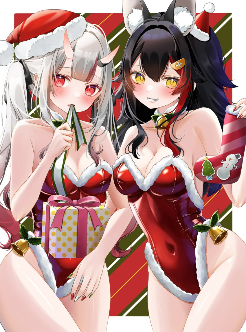 2girls animal_ears bare_shoulders black_hair blush breasts covered_navel detached_collar extra_ears fur-trimmed_leotard fur_trim grey_hair hat highleg highleg_leotard highres hololive horns leotard long_hair looking_at_viewer medium_breasts multicolored_hair multiple_girls nakiri_ayame ohagetty oni_horns ookami_mio red_eyes red_hair red_leotard santa_hat skin-covered_horns small_breasts smile streaked_hair twintails two-tone_hair virtual_youtuber wolf_ears yellow_eyes