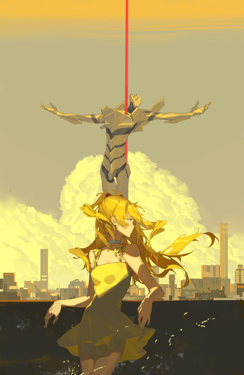 1girl absurdres against_wall bare_arms bare_legs bare_shoulders billboard blonde_hair blue_choker blue_eyes breasts building chinese_commentary choker cityscape cloud collarbone commentary cowboy_shot dress energy_beam floating_hair highres interface_headset long_hair looking_to_the_side looking_up mecha mecha_request neon_genesis_evangelion one_side_up outstretched_arms profile robot short_dress sky skyscraper small_breasts solo souryuu_asuka_langley spaghetti_strap sunset tokyo-3_(city) xe367 yellow_dress yellow_sky yellow_theme