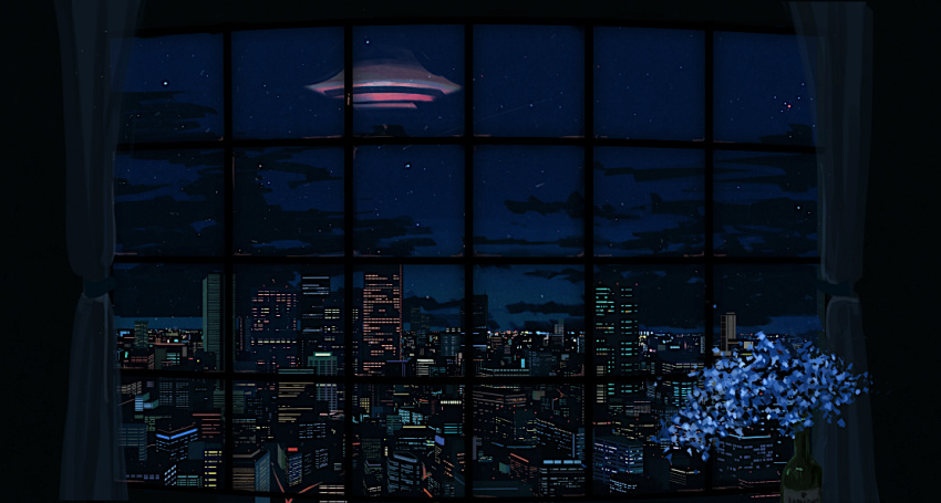 building city_lights cityscape cloud commentary_request curtains indoors night night_sky no_humans original orval reflection scenery shooting_star sky star_(sky) starry_sky window