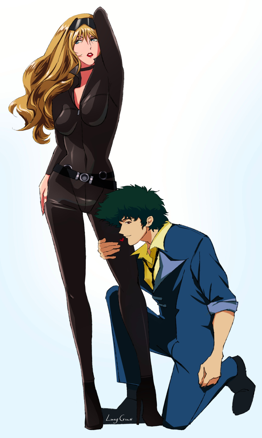 absurdres belt blonde_hair blue_eyes brown_eyes catsuit choker couple cowboy_bebop green_hair highres julia julia_(cowboy_bebop) lucyguusi necktie spike_spiegel suit sunglasses