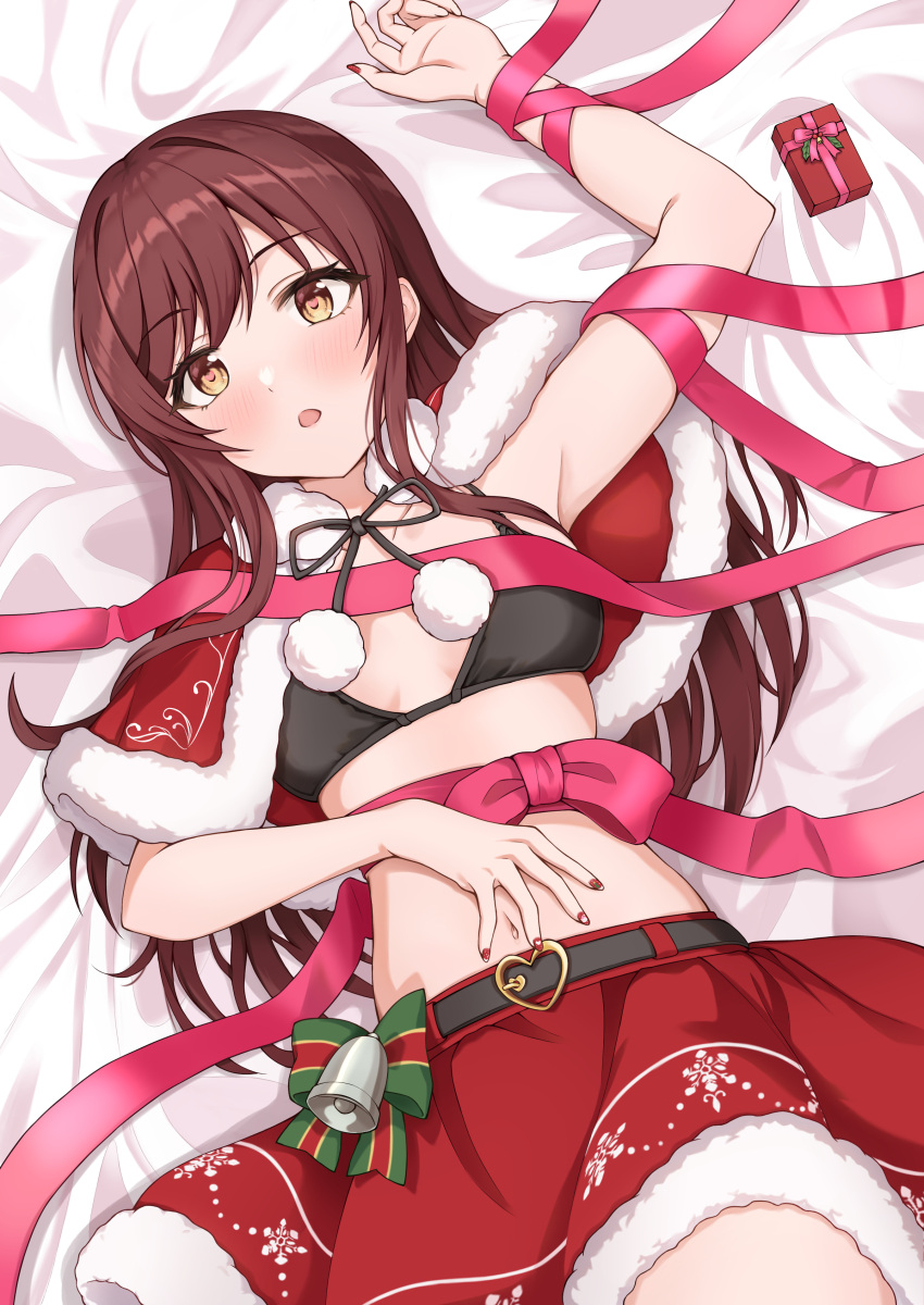 1girl absurdres belt bikini bikini_top_only black_bikini blush breasts capelet christmas cleavage from_above fur-trimmed_capelet fur-trimmed_skirt fur_trim gift heart heart-shaped_pupils highres idolmaster idolmaster_shiny_colors long_hair looking_at_viewer lying medium_breasts nail_polish navel on_back open_mouth osaki_amana red_capelet red_hair red_nails red_skirt ribbon santa_costume skirt solo sorugi_park swept_bangs swimsuit symbol-shaped_pupils yellow_eyes