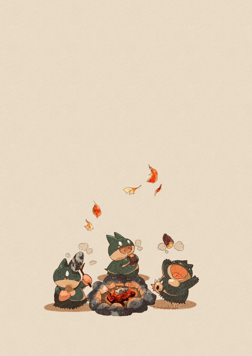 :p animal_focus artist_name autumn_leaves campfire commentary_request falling_leaves fangs highres holding holding_stick leaf munchlax no_humans one_eye_closed open_mouth pokemon pokemon_(creature) simple_background stick tongue tongue_out twitter_username white_background zozozoshion