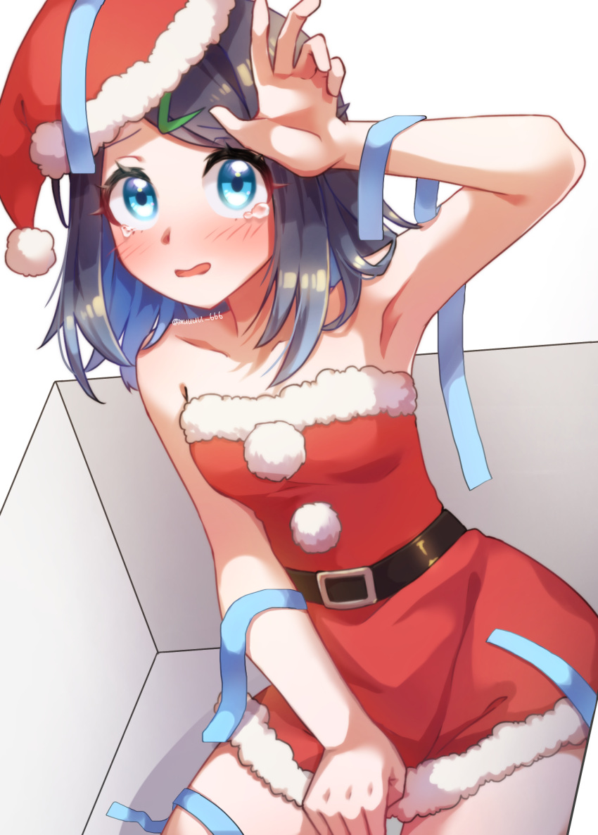 1girl arm_up armpits bare_arms bare_shoulders belt black_hair blue_eyes blue_hair blush box collarbone colored_inner_hair dress fur-trimmed_dress fur-trimmed_headwear fur_trim hair_ornament hairclip hand_on_own_head hat highres in_box in_container kneeling liko_(pokemon) looking_at_viewer multicolored_hair muuuu_(fnkk5428) open_mouth pokemon pokemon_(anime) pokemon_horizons santa_costume santa_dress santa_hat short_dress short_hair sleeveless sleeveless_dress solo strapless strapless_dress streamers tearing_up thighs two-tone_hair white_background