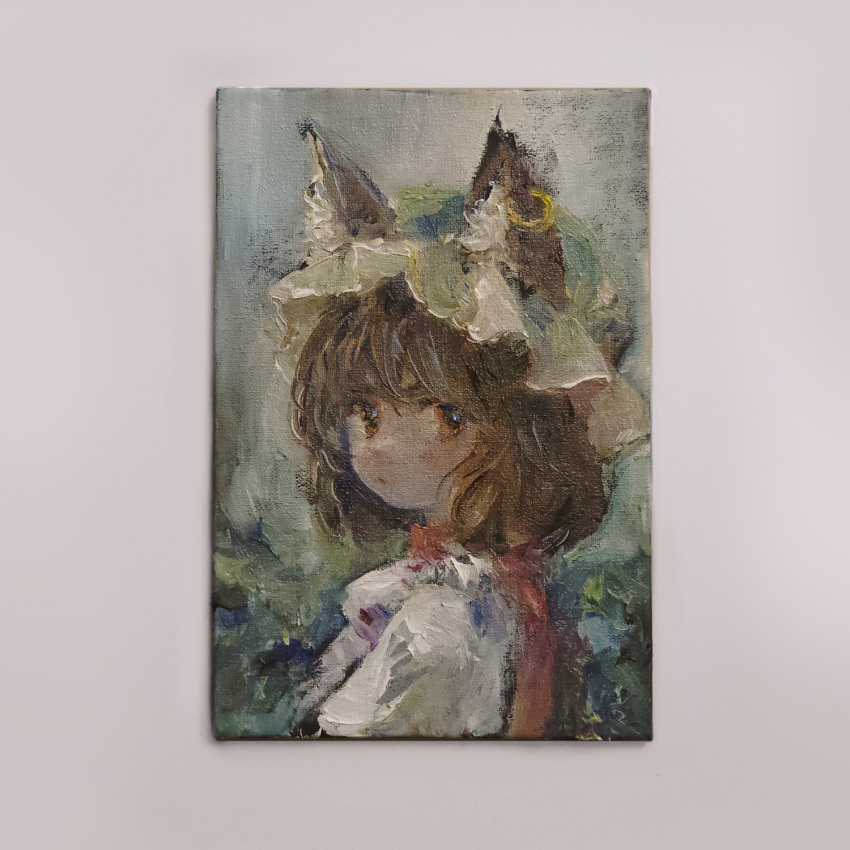 1girl animal_ear_piercing animal_ears brown_eyes brown_hair cat_ears chen earrings from_side highres jewelry looking_at_viewer oil_painting_(medium) painting_(medium) short_hair single_earring solo svveetberry touhou traditional_media