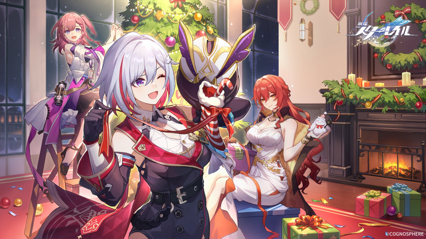 3girls :d ;d asta_(honkai:_star_rail) bare_shoulders black_gloves black_skirt blue_eyes box breasts christmas_tree christmas_wreath cleavage colored_inner_hair commentary_request detached_sleeves dress fire fireplace gift gift_box gloves grey_hair highres himeko_(honkai:_star_rail) honkai:_star_rail honkai_(series) indoors large_breasts long_hair looking_at_viewer multicolored_hair multiple_girls numby_(honkai:_star_rail) official_art one_eye_closed one_side_up open_mouth pink_hair red_hair shirt sitting skirt sleeveless sleeveless_dress smile topaz_(honkai:_star_rail) very_long_hair white_dress white_shirt window wreath